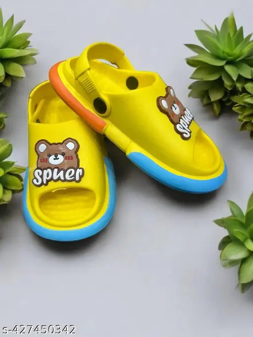 Comfortable rubber clogs with a bear logo, featuring sling back straps in vibrant yellow, blue, and red