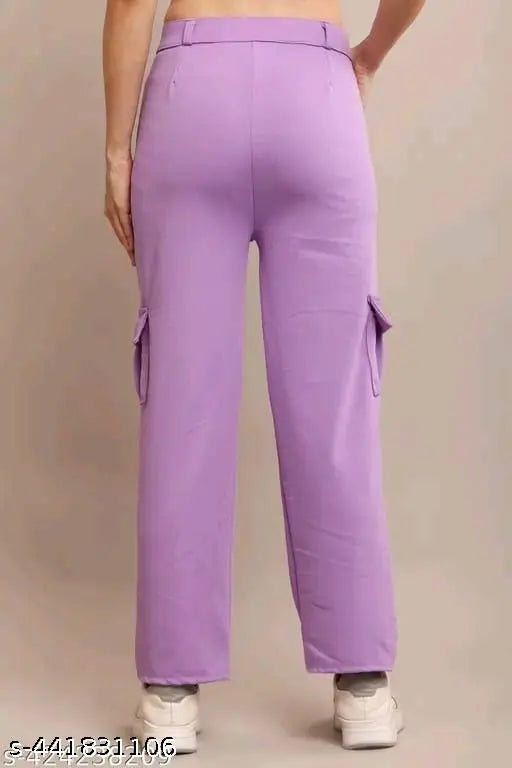 Purple stretchy workout pants with a high waist and pockets