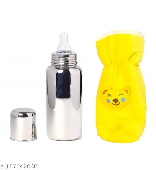 Stainless steel milk feeding bottle with hot case cover, silver and 250ml - premium insulated baby bottle featuring anti-colic silicone teat, long lifespan, BPA-free, ideal for travel and conversion to sippy cup