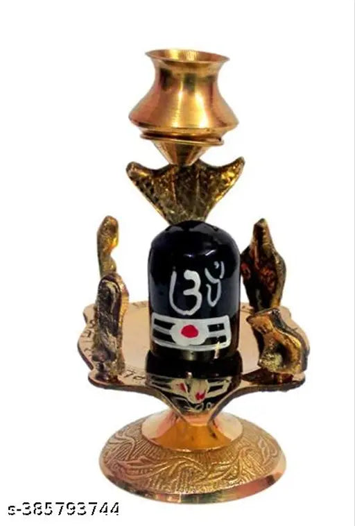 Black marble Shiva Lingam idol with brass Kalash stand, 7 cm (L) x 7 cm (B) x 11 cm (H), India origin
