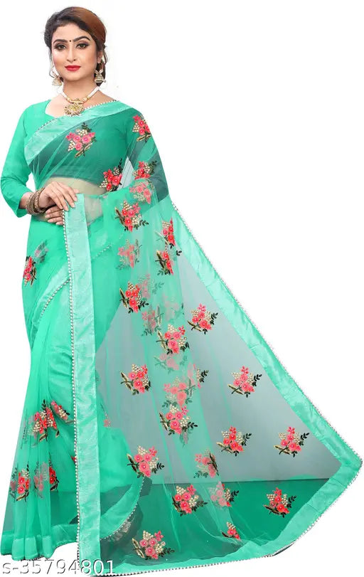 Fancy soft net Bollywood Moti Lace saree with unstitched blouse piece, embellished floral embroidery for festive wear, India origin