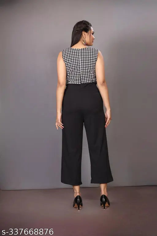 Black solid Lycra sleeveless printed net jumpsuit for women, fashionable ensemble for ladies and girls