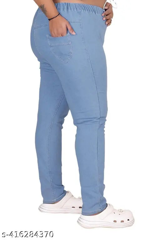 Plus-size light blue denim jeggings, premium quality with Lycra stretch. Comfortable and consistent fit, length 40 inches. Size 5XL. Indian made plus size denim wear