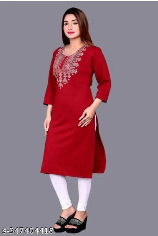 Red woolen kameez with embroidered design, long sleeves, and regular fit for women