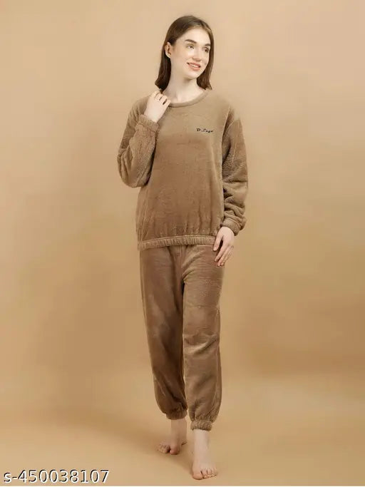 Brown wool women's long sleeve night suit set, cozy winter pajamas for women (S-XL)