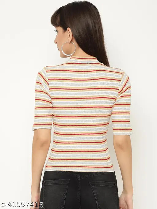 Multicolor striped polycotton tunic top for women, ideal for everyday wear with jeans or trousers. Handcrafted in India