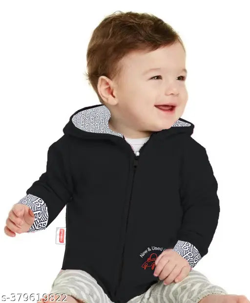 Black cotton hoodie with smiley face and reversible animal print design