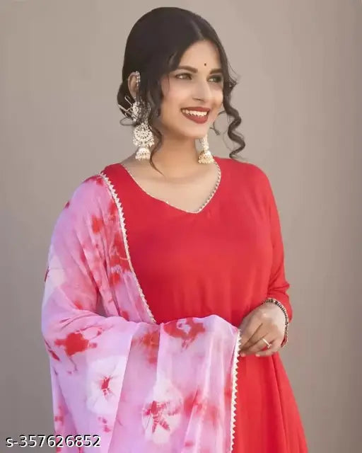 Red silk Anarkali kurta with flared silhouette and dupatta