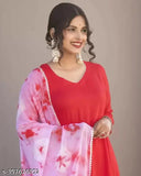 Red silk Anarkali kurta with flared silhouette and dupatta