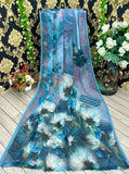 George blue silk saree, long hemline, handcrafted details