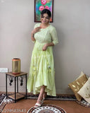 Embroidered rayon Anarkali Kurta for women, trendy three-quarter sleeve with intricate pattern, showcased on mannequin