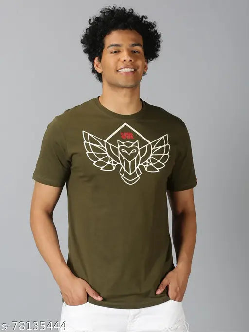 Olive cotton round sleeve funky print men's t-shirt from UrGear, latest Indian fashion brand" (124 characters)