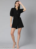 Black cotton playsuit with v-neck, three-quarter sleeves, white buttons, and tie-knot belt - Oxolloxo Solid Color Regular Fit Women's Linen Blend Playsuit from India