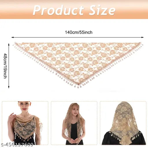 Lace Mantilla Mass Veil Triangle Head Scarf for Women Tassle Rose Jacquard Church Veil Christian Cathedral