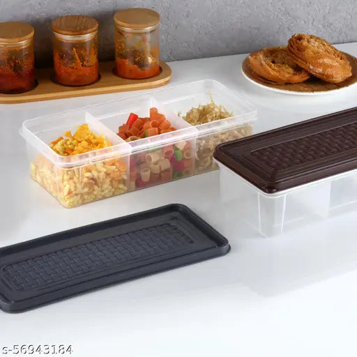 Black plastic stackable fridge storage containers with removable drain plate and lid, 1800ml capacity, 4-piece set