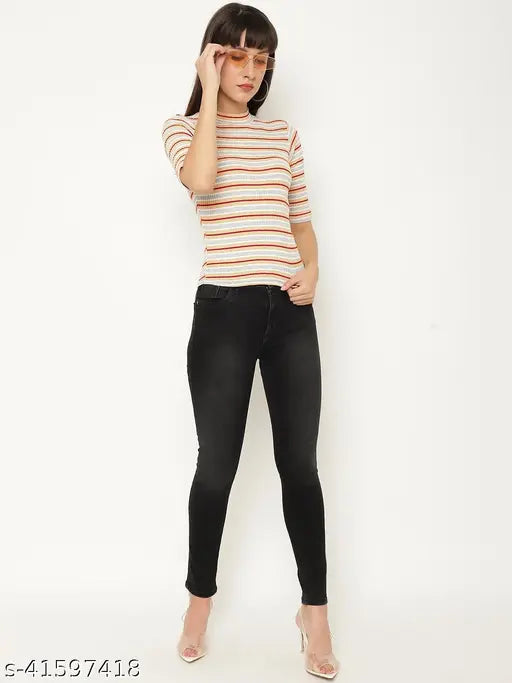 Multicolor striped polycotton tunic top, Indian-crafted women's fashion essential for everyday wear with jeans or trousers