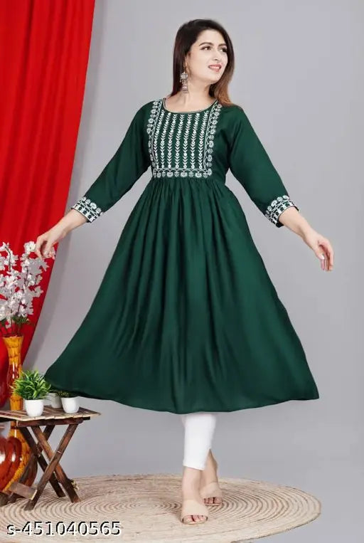 Rayon embroidered Anarkali kurta by ALI AMAN, single solid color with three-quarter sleeves, ideal for functions and weddings from KULSUM TEXTILES, India