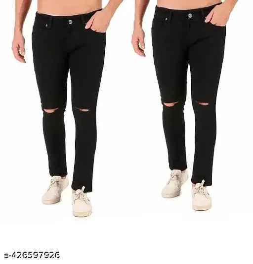 Mens black knee cut regular jeans with a slim mid rise fit