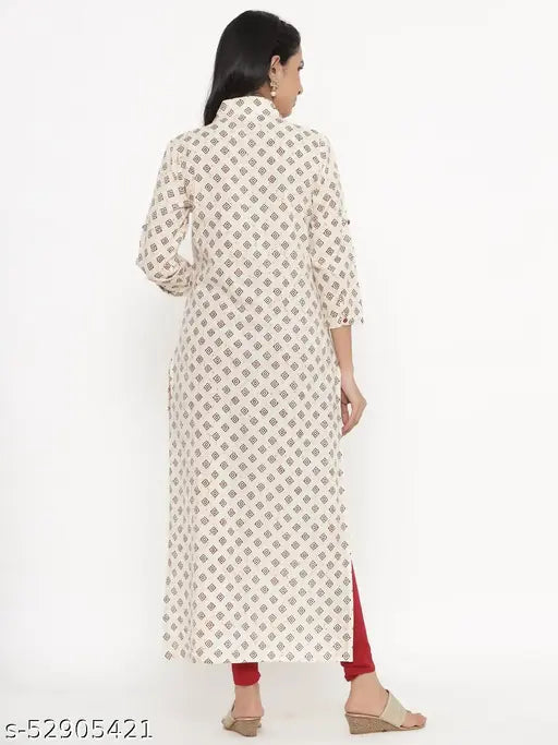 Off-white cotton A-line kurti by Kipek, intricate print design, three-quarter sleeves