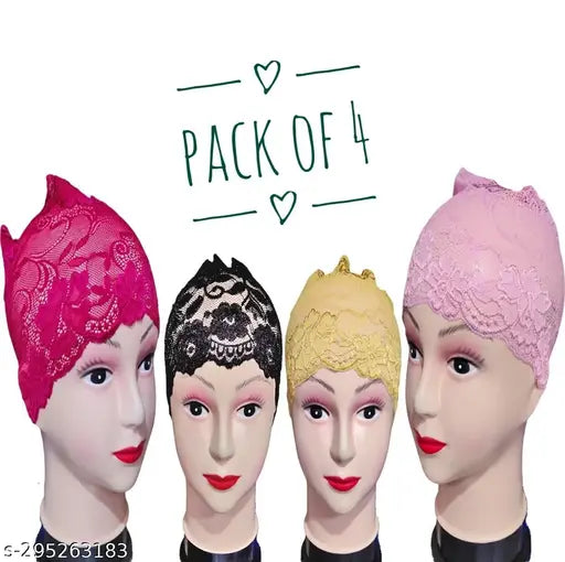 Black, pink, and beige hijabs in net cap pack of 4