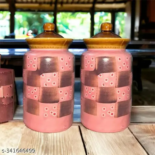 Multipurpose pink ceramic jar storage containers for kitchen, dining table - set of 2
