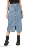 A person is modeling a light blue denim skirt with two front pockets and visible buttons