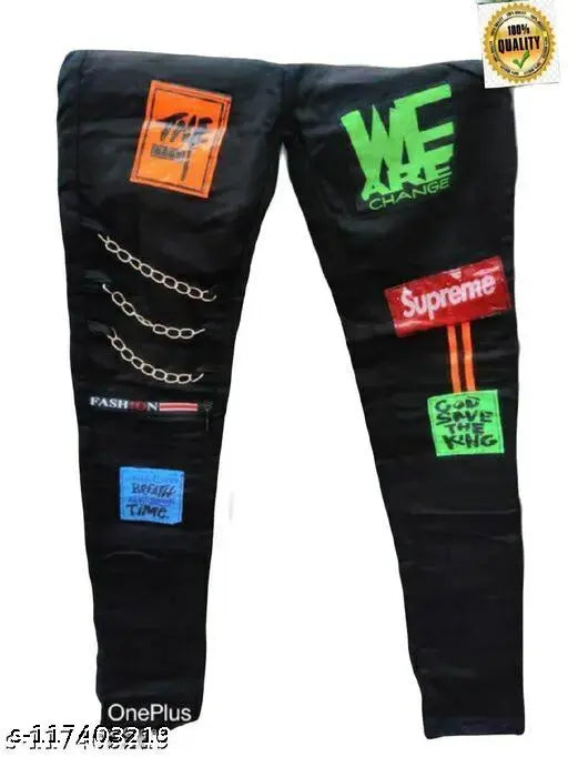 Men's black premium denim jeans, trendy fit for any occasion, machine washable. Size: 26, 28, 30 (waist 28in, 30in; length 38in, 39in). Indian origin