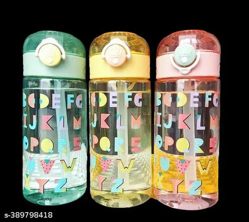 Multicolor ABCD sipper water bottle, 450ml capacity, handling plastic, push-button operation with integrated straw, leak-proof, designed for children's learning