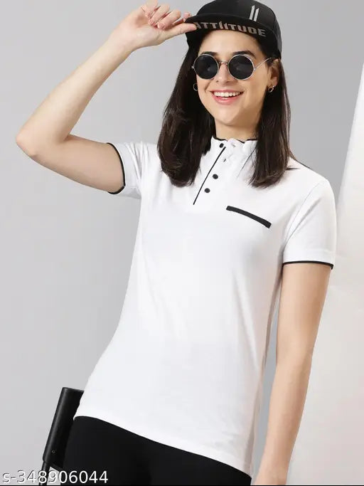 Solid regular white cotton blend short sleeve t-shirt for women, perfect casual wear