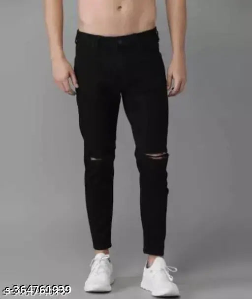 Men's black denim MONK knee-cut jeans, solid pattern from Shriradhe Enterprises, India. Fits perfectly for any occasion, size 30 (waist: 30in, length: 39in, hip: 32in)