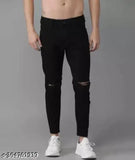 Men's black denim MONK knee-cut jeans, solid pattern from Shriradhe Enterprises, India. Fits perfectly for any occasion, size 30 (waist: 30in, length: 39in, hip: 32in)