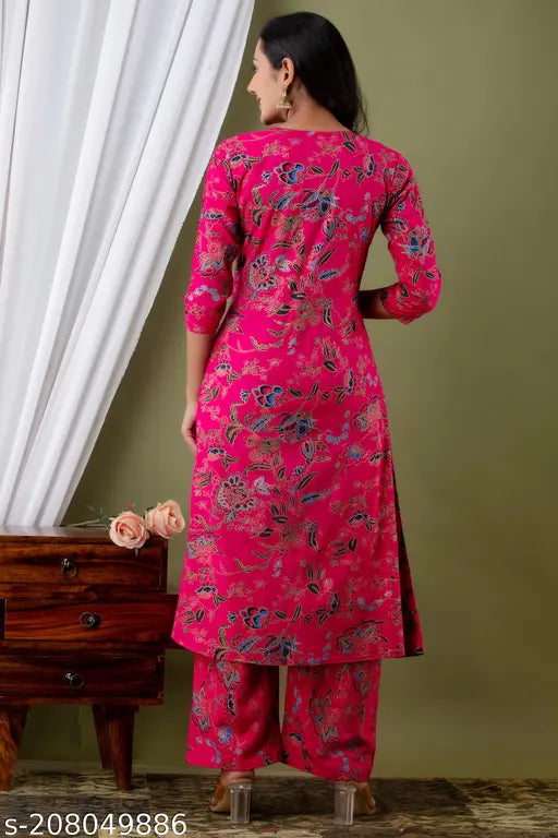 Rayon Demirner Women's Printed Kurta Palazzo Ethnic Set, self-design net, three-quarter sleeves, S-XXXL sizes available