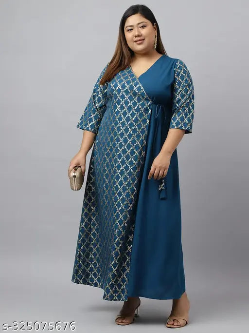 Teal poly crepe foil printed angarkha kurta, XL LOVE by Janasya, three-quarter sleeves, nature-inspired gold leaf print on vibrant teal fabric