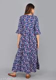 Women's round neck kurti, printed blue, rayon, bell sleeves
