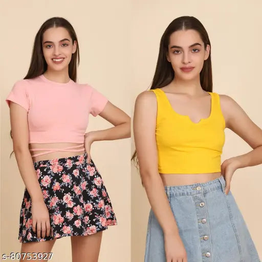 Trendy yellow & pink women's cotton top t-shirt with half sleeves, solid pattern and pearl button down. Available in XS - XL sizes