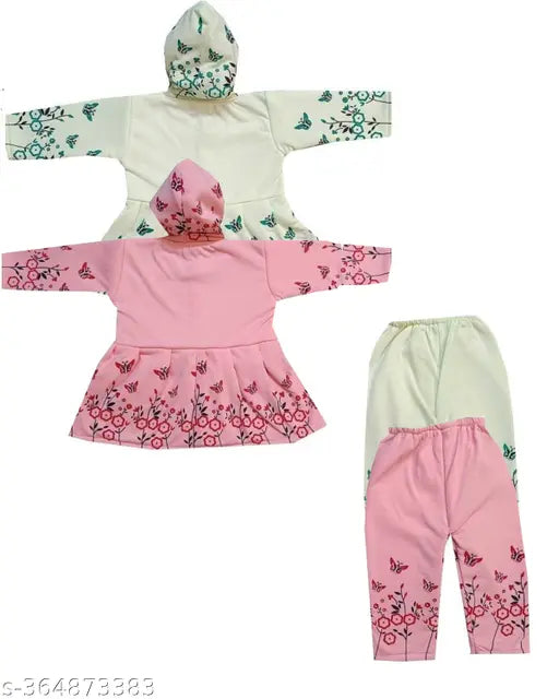 Wool baby girls winter sweat frock & pyjama combo set, self-design net pattern. Ideal for winter season, available in sizes from 0-3 months to 18-24 months. Made in India