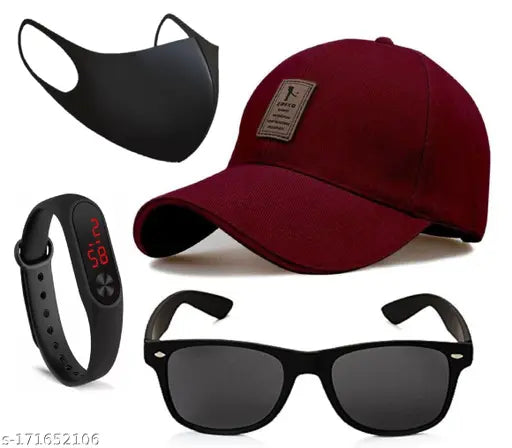 Maroon cotton Ediko baseball cap combo with black polarized lens eye protection wayfarer sunglass, black LED band, and mask for men and boys - Self-designed pack of 4