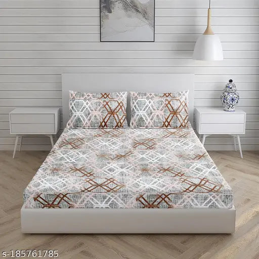 Cotton fitted double bedsheet with geometric pattern, size 90x90, includes 2 pillow covers for adult use, ideal for summer