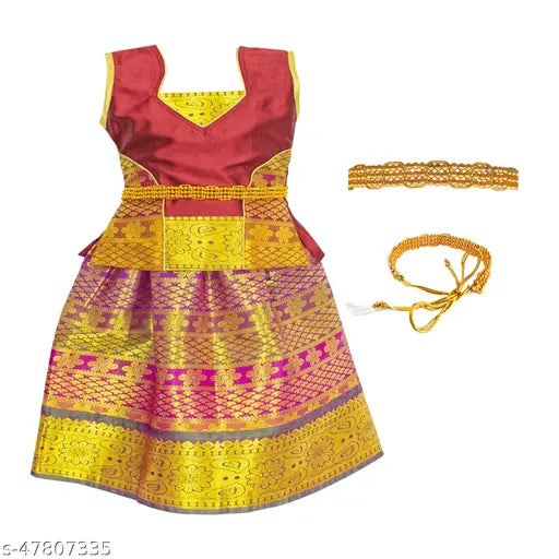 Art Silk Lehenga Choli with waist belt, self-design Leheriya pattern for traditional Indian celebrations. Elegant and fully stitched, available in various sizes from 0-3 months to 7-8 years. Celebrate Indian tradition with this ORIGINAL SWARA PAVITRAM GOLD PATTU LEHENGA CHOLI