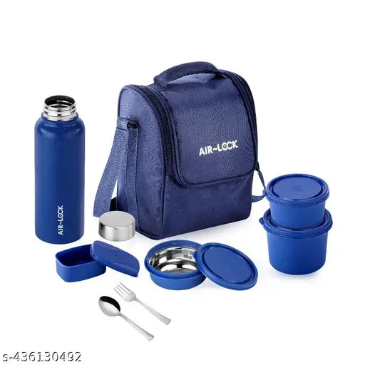 AIR LOCK Meal Mate Lunch Box with Plastic Cutlery,3 Microwave Safe Inner Steel Containers with Bpa Free Lids(290Ml,400Ml&600Ml) Plastic Pickle Box(130Ml) Steel Water Bottle(750Ml)-Blue