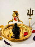 Black Marble Shivling Idol on Brass Stand - Shivling for Puja in Shiva-themed decor