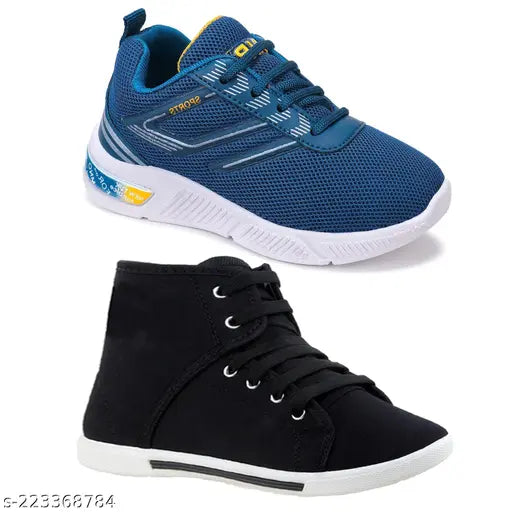 Blue Bersache kids sneakers, canvas casual shoes, black laces, Velcro closure, white soles