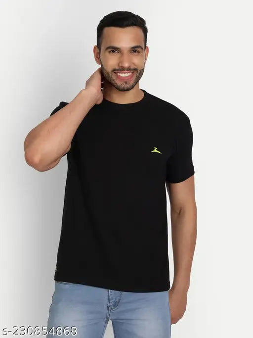 Black cotton blend round t-shirt, Zeffit men's placement print, daily wear or exercise attire, India origin