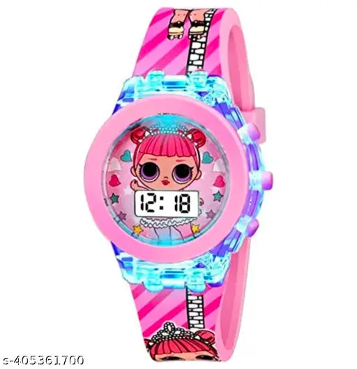 A pink and blue glowing disco watch with cartoon characters for kids girls