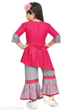 Pink rayon kurta set with sharara bottom, embroidered design, for kids' parties. Three-quarter sleeves, available in various colors under $499. Made in India