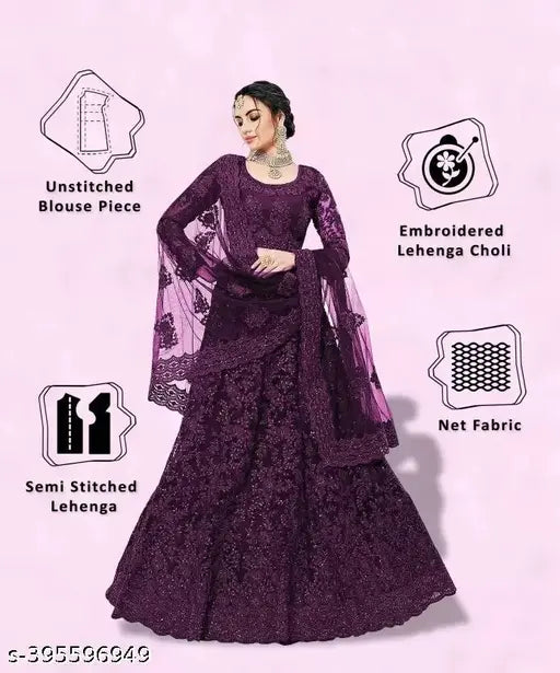 Embroidered net lehenga choli and dupatta set, Indian semi-stitched bridal wear with 42m waist, 44m length, and 2.2m dupatta