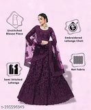 Embroidered net lehenga choli and dupatta set, Indian semi-stitched bridal wear with 42m waist, 44m length, and 2.2m dupatta