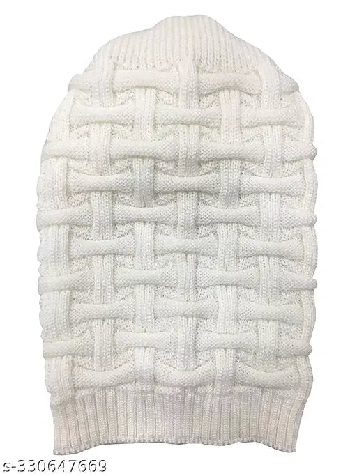 Beige knit winter hat with intricate braiding and ribbed cuffs