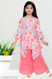 Embellished pink chiffon girls kurta & palazzo set, A-line shape with three-quarter sleeves. Sizes: 4-5yrs, 5-6yrs, 6-7yrs, 7-8yrs, 8-9yrs, 9-10yrs, 10-11yrs, 11-12yrs. Made in India