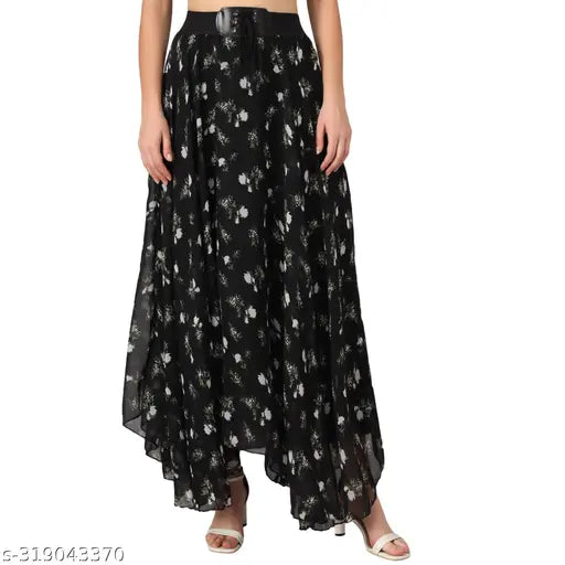 Black flared Georgette skirt with floral print, ideal for women's fashion, maxi length, machine washable
